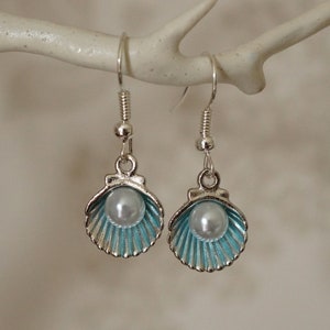 Quirky Shell Earrings, Pretty silver and blue shell with pearl drop earrings for women