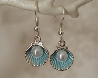 Quirky Shell Earrings, Pretty silver and blue shell with pearl drop earrings for women