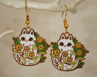 Cat Flowers Earrings, Funky cool floral gold and white cat dangle earrings for women