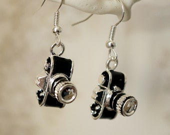 Camera Earrings, Cool retro silver camera drop earrings for women