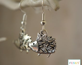Hedgehog Earrings, Antique Silver Hedgehog Animal Dangle Hook Earrings