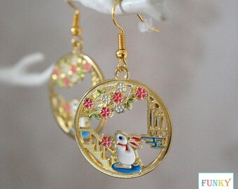 Gold Plated Enamel Rabbit and Flower Dangle Earrings
