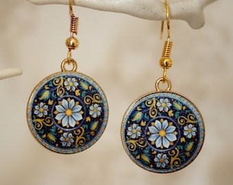 Blue Flower Earrings, Cute pretty round gold and enamel blue floral earrings for women