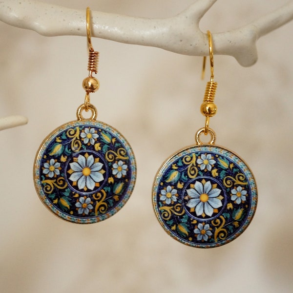 Blue Flower Earrings, Cute pretty round gold and enamel blue floral earrings for women