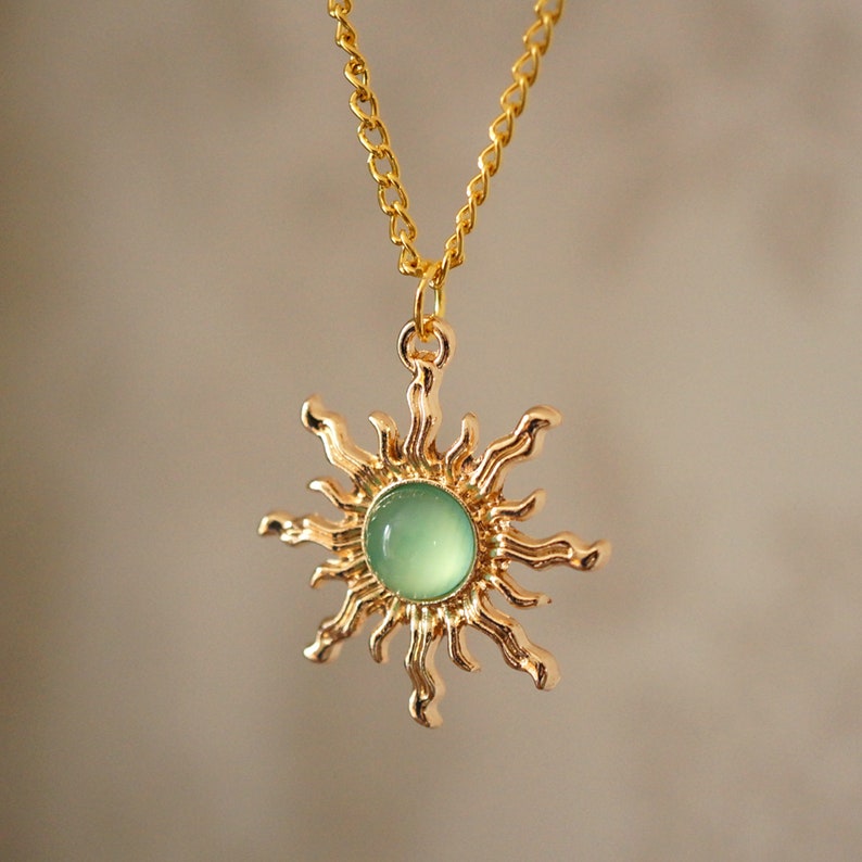 Green Sun Necklace, Unusual cool gold and light green acrylic sun necklace for women image 2