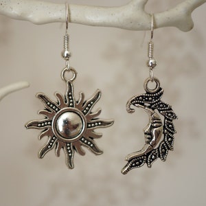 Cool Sun and Moon Earrings, Quirky antique silver sun and moon drop earrings for women