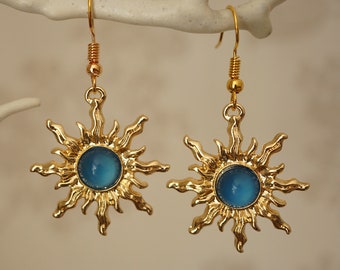 Blue Sun Earrings, Cool quirky gold and blue acrylic sun drop earrings for women