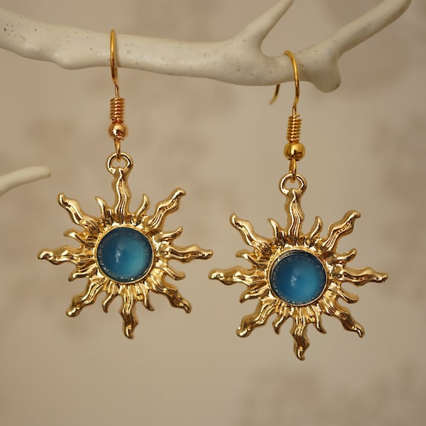 Blue Sun Earrings, Cool quirky gold and blue acrylic sun drop earrings for women