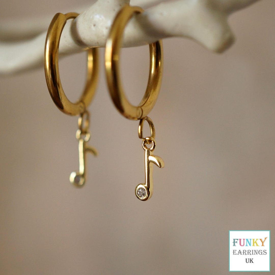 Musical Note Hoop Huggie Hoop Musical Note Earrings: Small Rhinestone 18k Gold Music ...