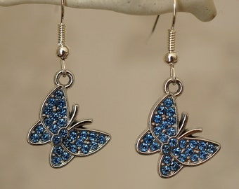 Blue Butterfly Earrings, Quirky pretty silver butterfly drop earrings for women with rhinestones