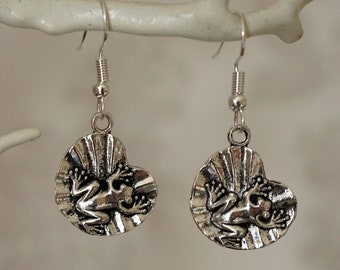 Frog Lilypad Earrings, Quirky funky silver frog on lilypad drop earrings for women