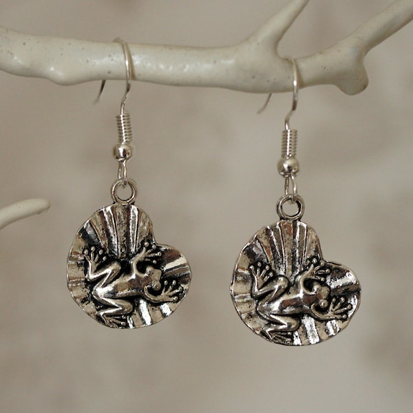 Frog Lilypad Earrings, Quirky funky silver frog on lilypad drop earrings for women