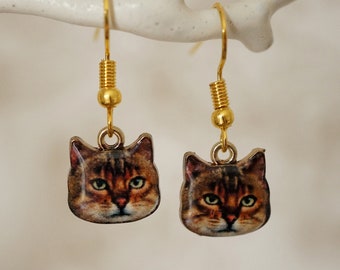 Cool Cat Earrings, Quirky gold and enamel cat face drop earrings for women