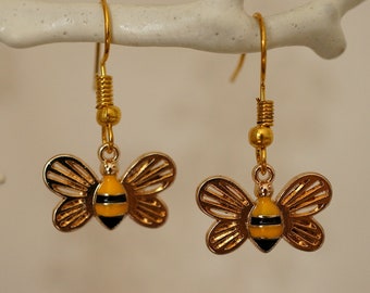 Cute Bee Earrings, Cool quirky gold and enamel bee drop earrings for women