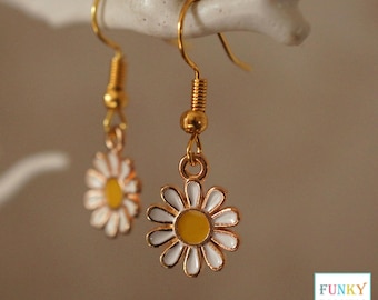 Daisy Flower Earrings, Small Floral Gold and Enamel Daisy Jewellery Pendant Hook Dangle Earrings
