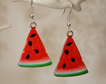 Water Melon Earrings, Quirky cool silver and enamel water melon earrings for women