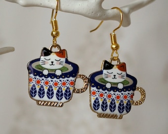 Cat in a Teacup Earrings, Unusual funky quirky gold cat in a teacup dangle earrings for women