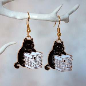 Black Cat on Books Earrings, Quirky novelty cat and books drop earrings for women