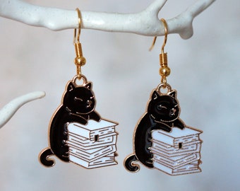 Black Cat on Books Earrings, Quirky novelty cat and books drop earrings for women