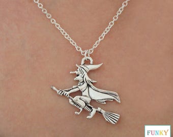 Witch Necklace, Silver Halloween Pendant Costume Jewellery Necklace