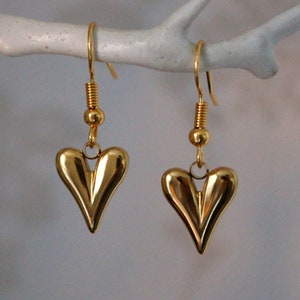 Gold Heart Earrings, Unique 18k Plated Love Charm Jewellery Dangly Drop Earrings