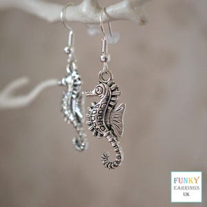 Seahorse Earrings, funky unusual silver seahorse jewellery drop earrings for women