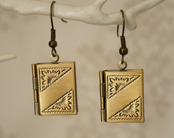 Book Locket Earrings, Funky unusual bronze book locket dangle earrings for women