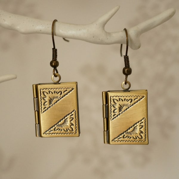 Book Locket Earrings, Funky unusual bronze book locket dangle earrings for women