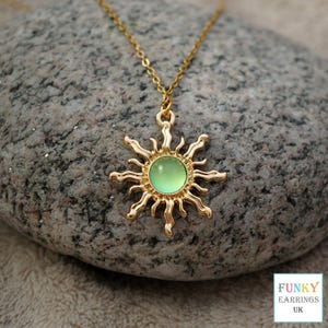 Green Sun Necklace, Unique Gold Plated Celestial Pendant, Boho Sunburst Charm Jewellery