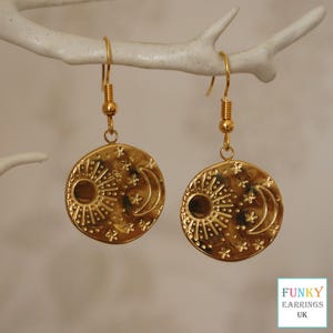 Gold Sun Moon Earrings, Unique pretty celestial sun and moon jewellery drop earrings for women