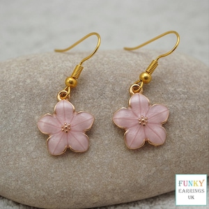 Pink Cherry Blossom Earrings, Gold Sakura Flower Drop Earrings, Floral Jewellery Gift