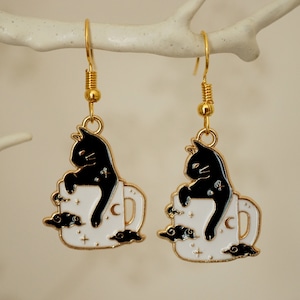 Black Cat in Cup Earrings, Cool funky quirky black cat in a cup dangle earrings for women