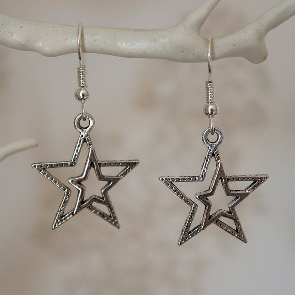 Silver Star Earrings, Quirky cute antique silver star drop earrings for women
