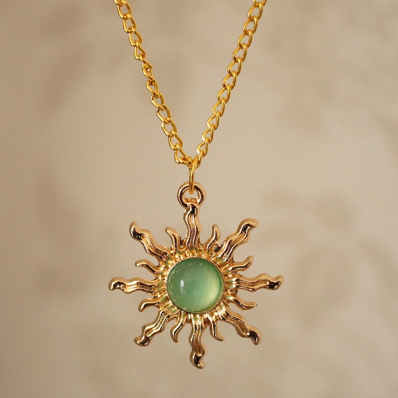 Green Sun Necklace, Unusual cool gold and light green acrylic sun necklace for women image 1