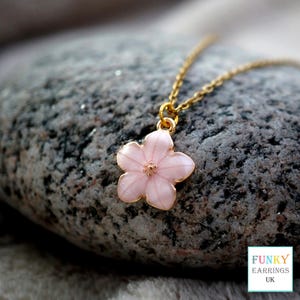 Pink Cherry Blossom Flower Necklace, Gold Enamel Sakura Pendant, Everyday Dainty Floral Charm Jewellery