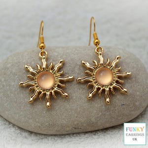 Sun Dangle Earrings, Unique Gold and Pink Acrylic Celestial Jewellery, Boho Astrology Gift