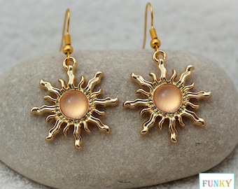 Sun Dangle Earrings, Unique Gold and Pink Acrylic Celestial Jewellery, Boho Astrology Gift