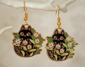 Floral Black Cat Earrings, Quirky pretty gold and black cat with flowers drop earrings for women