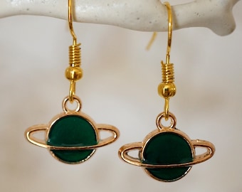 Green Planet Earrings, Funky cute novelty gold and enamel space planet drop earrings for women
