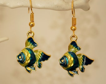 Fish Earrings, Cool novelty gold and enamel fish drop earrings for women