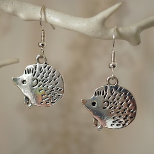Silver Hedgehog Earrings, Cool cute funky hedgehog drop earrings for women