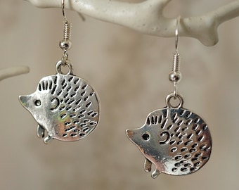 Silver Hedgehog Earrings, Cool cute funky hedgehog drop earrings for women