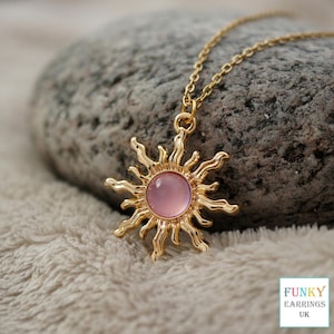 Lilac Sun Necklace, Cool unusual gold and lilac sun celestial jewellery necklace for women