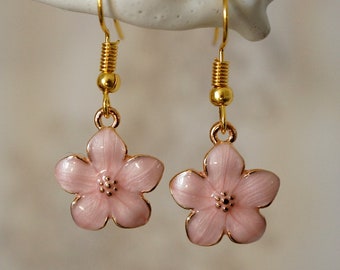 Pink Flower Earrings, Funky cute gold flower drop earrings for women