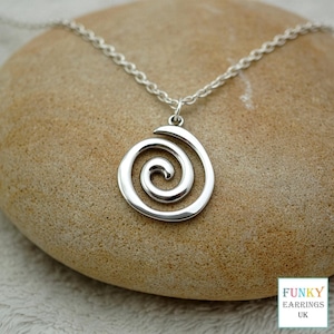 Silver Spiral Necklace, Unique Abstract Swirl Wave Pendant, Minimalist Boho Jewellery