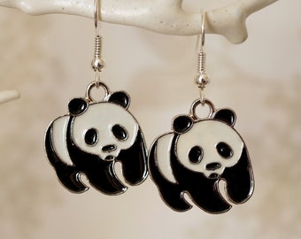 Panda Earrings, Funky cool silver and enamel panda drop earrings for women