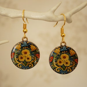 Floral Sunflower Earrings, Quirky cool round gold and enamel flower earrings for women