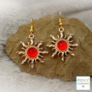 Red Sun Dangle Earrings, Quirky Gold and Acrylic Sunburst Charm Pendant Earrings