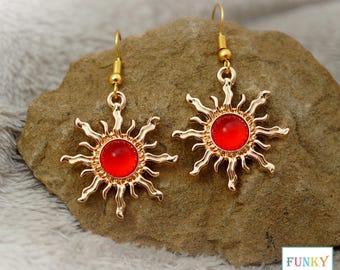 Red Sun Dangle Earrings, Quirky Gold and Acrylic Sunburst Charm Pendant Earrings