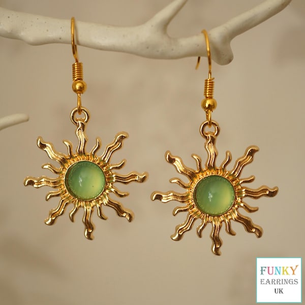 Green Sun Earrings, Unusual cool gold and light green acrylic sun drop earrings for women